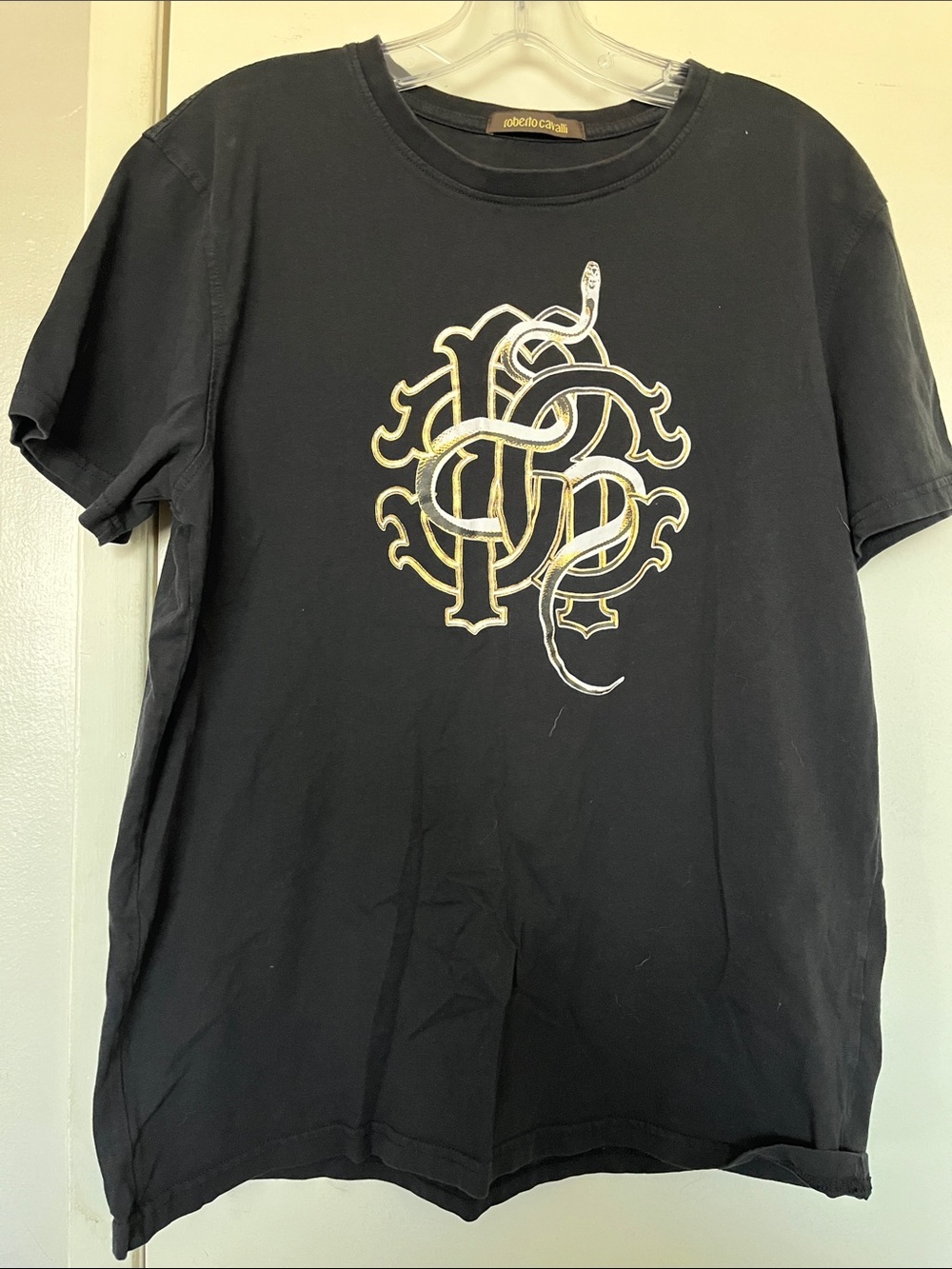 Roberto Cavalli Black Tee with Gold and White Snake Slim Fit Black